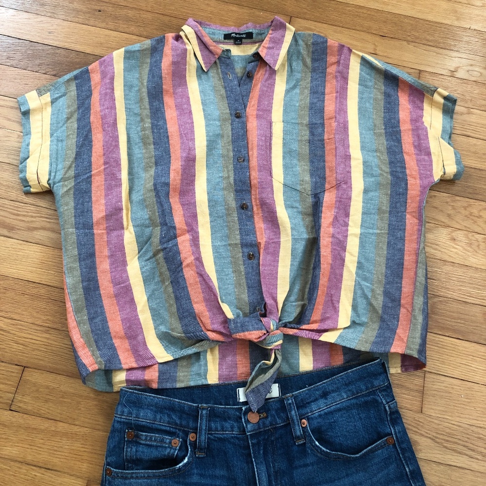 EUC Madewell Boxy Button Up in Rainbow Stripe